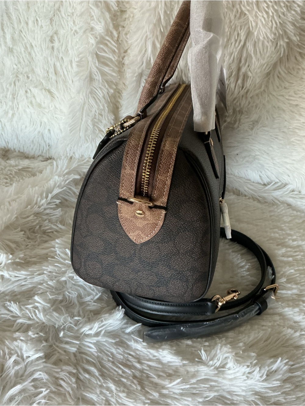 Coach Rowan Satchel in blocked signature canvas in walnut with Gold Accents - Picture 4 of 6